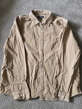Express Men’s Light Tan Textured Cotton Button-Up | XXL 18-18.5